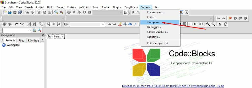 Opening Compiler Setting in CodeBlocks