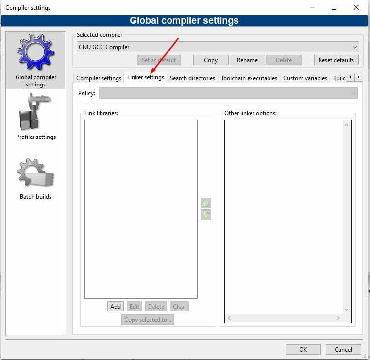 Opening Linker Settings from Compiler Settings