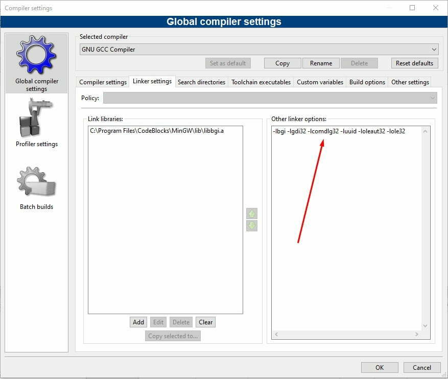 Paste the Commands in Other Linker Options