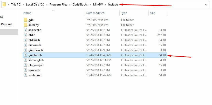 Graphics.h file into the include folder of Codeblocks